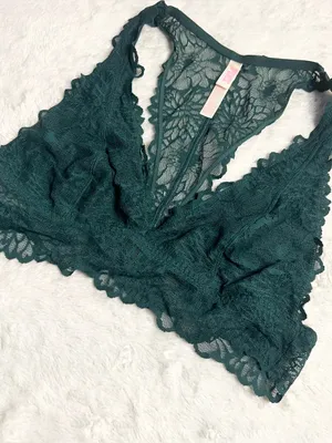 VS PINK Dark Green Lace Racerback Bralette Wireless Comfort Bra Size Large thumbnail 5
