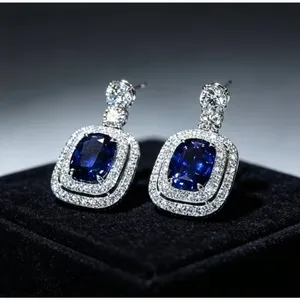 Blue Sapphire and Diamond Halo Drop Earrings thumbnail 4