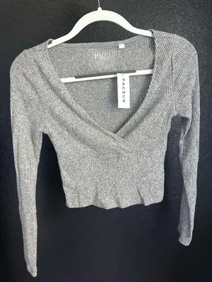 V-Neck Wrap Gray Long Sleeve  thumbnail 1