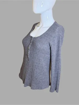 Lucky Brand Gray Ribbed Scoop Neck Henley Long Sleeve Top thumbnail 5
