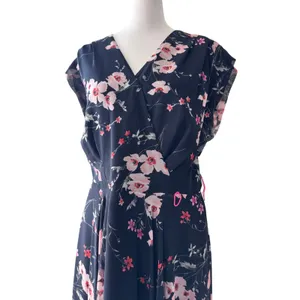 Eliza J Navy Blue Floral Print Cap Sleeve V-Neck High Low Maxi Dress thumbnail 4