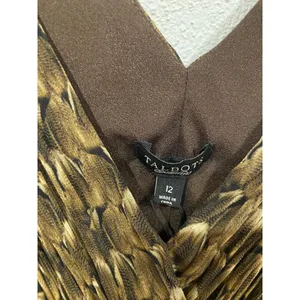 Talbots Dress Womens 12 Brown Feather Print Sleeveless Surplice Pleated A-Line thumbnail 3