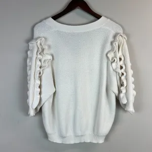 Ann Taylor Cardigan Sweater Womens XL Ivory 3/4 Ruffle Sleeve Button Chunky Knit thumbnail 7
