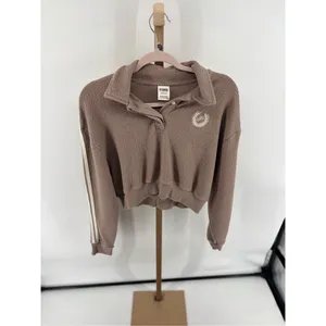 PINK Victoria’s Secret Cropped Collared Sweatshirt Taupe Crest Logo Small Fleece thumbnail 4