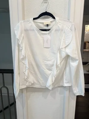Alredine White Ruffle Front Long Sleeve Blouse Top Medium NWT thumbnail 2