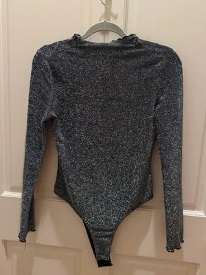 Silver and Black Long Sleeve Bodysuit Top Size M thumbnail 1