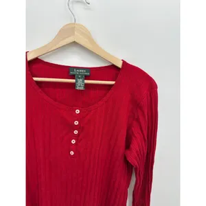 Lauren Ralph Lauren Red Ribbed Cotton Henley Long Sleeve Top Womens XL‎ Western thumbnail 4