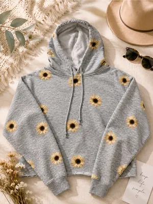 No Boundaries Gray Hoodie with Yellow Sunflower Print‎ thumbnail 2