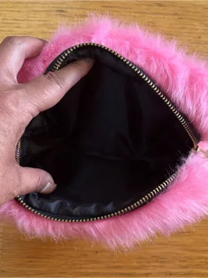 SkinnyDip Pink Faux Fur Embroidered Lips Kidcore Maximalism Cosmetic Makeup Bag thumbnail 4