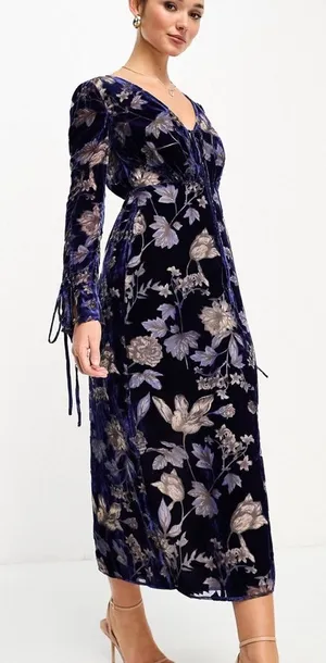 Just wow ASOS DESIGN velvet burn out maxi‎ dress in blue floral burnout thumbnail 1