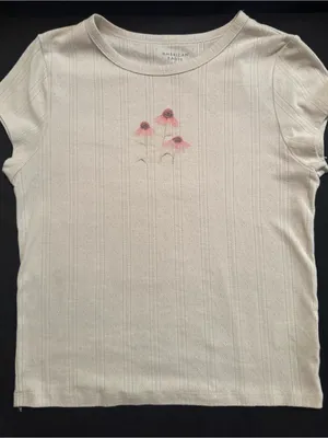 American Eagle Outfitters Cream Short Sleeve Tee with Pink Floral Detail thumbnail 1