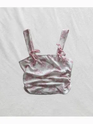 pink and white floral chinoiserie velvet bow tank top thumbnail 5