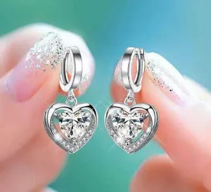 925 Silver Plated AAA Cubic Zirconia Love Heart Dangle Drop Earrings for Women thumbnail 2