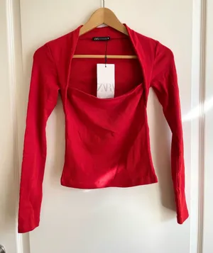 Zara Y2K Cotton Square Neck Ribbed Long Sleeve Top Red Orange Size S Stretch thumbnail 1