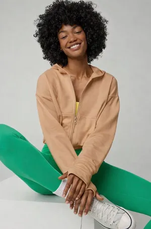 Aerie Offline Cropped Full Zip in Tan thumbnail 1