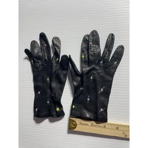 Vintage Ladies‎ Gloves Leather w/Embroided Flowers, Black thumbnail 3