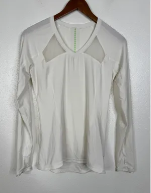 Lululemon White Mesh Panel Long Sleeve V-Neck Running Top Thumbholes Womens 6‎ thumbnail 1