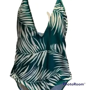 ✨HP✨Leaf Print V Neck Open Back Swimsuit✨ Green Size L thumbnail 6