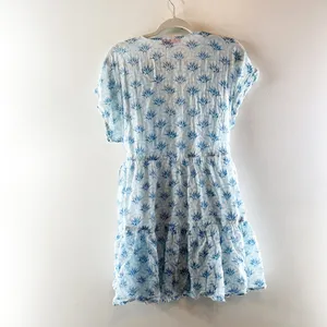 Oliphant Tuckernuck Cotton Printed Short Sleeve Cinch Waist Mini Dress Blue Med thumbnail 4
