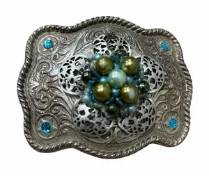 silver belt buckle western Wavy Rectangular Blue Gold Beaded Jeweled Cowboy‎ thumbnail 1