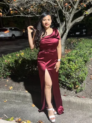 Honey and Rosie One-Shoulder Satin Dress in Burgundy thumbnail 7