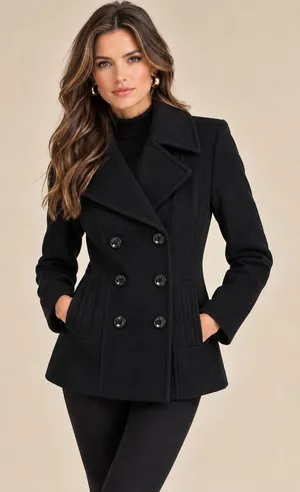 London Fog Black Double Breasted Wool Blend Longline Minimalist Pea Coat Small thumbnail 1