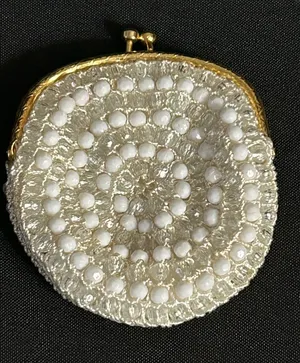 Handcrafted White Beaded Coin Purse with Gold Frame thumbnail 1