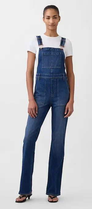 GAP long & Lean side zip dark denim bib overalls flare leg size Medium thumbnail 1