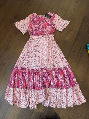 R. Vivimos Pink Floral Patchwork Tiered Casual MIDI Dress Small NWT - C26-031 thumbnail 7