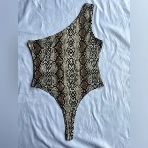 Snakeprint One Shoulder Tank Bodysuit Large Tan thumbnail 10