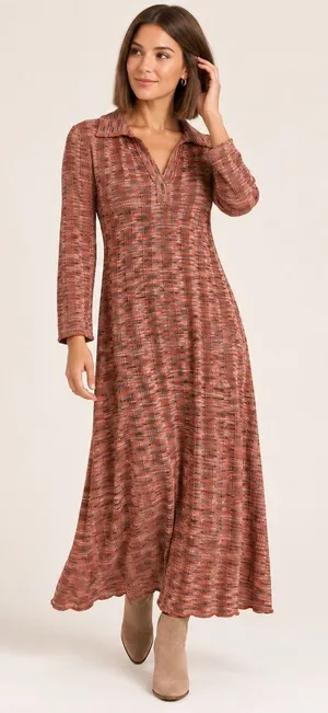 Ming Wang Womens XL Space Dye Knit Maxi Dress Fall Colors Polo V-Neck Viscose thumbnail 1
