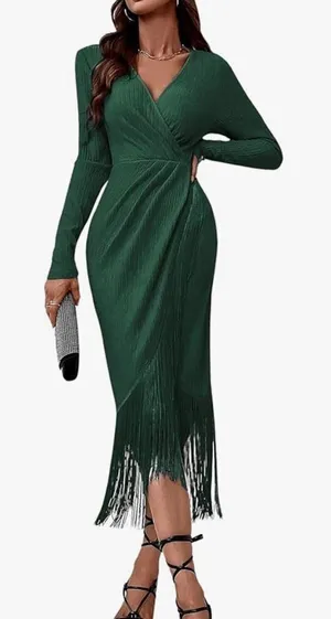 Women's Fringe Wrap Ruched V Neck Long Sleeve Solid Bodycon Party Maxi Dress siz thumbnail 1