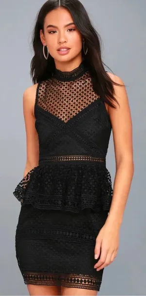 Lulus Kiss and Spell Black Crochet Lace Peplum Dress Size M thumbnail 1