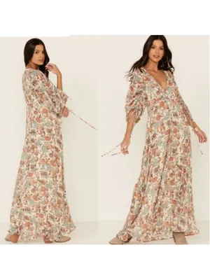 Free People Earthfolk Boho Floral Maxi Dress Tea Comb Women’s Size M thumbnail 6