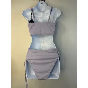 ZAFUL Womens Lavender Ribbed Tie Front High Waisted Two Piece Bikini Set Size S thumbnail 4