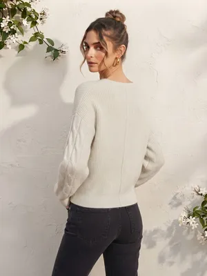 Lulus Cream Cable-Knit Sleeve V-Neck Sweater Size Medium NWT thumbnail 16