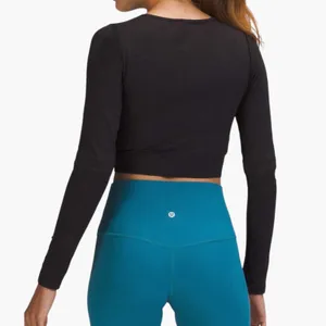 Lululemon Womens Ebb to Street Long Sleeve Shirt Ribbed Cropped Top‎ Black Sz 12 thumbnail 2