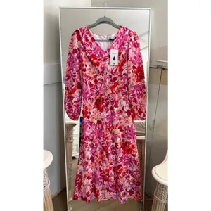 NEW Pink Floral Long Sleeve V Neck Belted Flowy Midi Dress S thumbnail 6