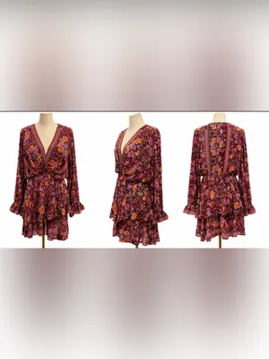 Umgee Floral Boho Mini Dress Size L Burgundy Pink Long Sleeve Ruffle Hem thumbnail 4