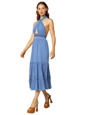 Misa Karolina Dress Blue Halter Smocked Fit & Flare Poplin Midi‎ Dress Size XS thumbnail 4