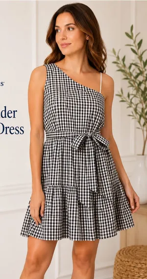Vineyard Vines Black & White Gingham One-Shoulder Dress thumbnail 1