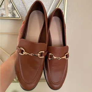 LOFT Horsebit Loafers Cognac Brown Gold Bit Size 6 Vegan Leather Classic Preppy thumbnail 6