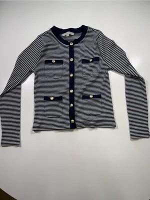 LOFT Navy and White Striped Cardigan with Gold Buttons thumbnail 2
