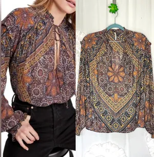 Free People Little Runaway Medallion Print Top Blouse Size Small Keyhole Neck thumbnail 2