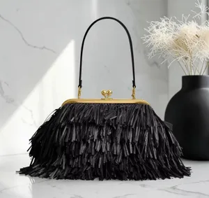 COACH Kisslock Frame Bag 27 Black Straw Leather Fringe Handbag CEN92 B4/BK NWT thumbnail 1