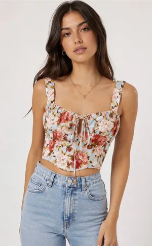 Cider Light Blue Floral Tie-Front Crop Top thumbnail 1
