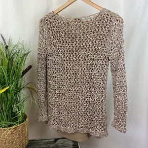 John Fashion Taupe Tan Crochet & Lace Layered Long Sleeve Sweater Blouse Top L thumbnail 3