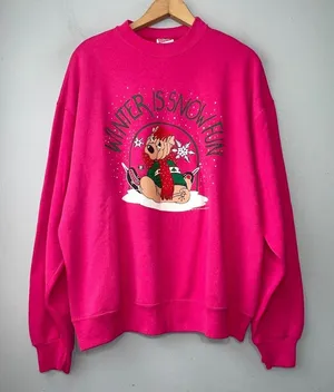 Vintage 90s Hanes Winter Christmas Sweatshirt Size XL Pink Dog Snow Fun Novelty thumbnail 1