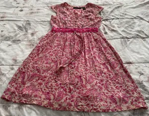 Floral Pink Beige Barbiecore High Waist Cotton Dress, size M thumbnail 2