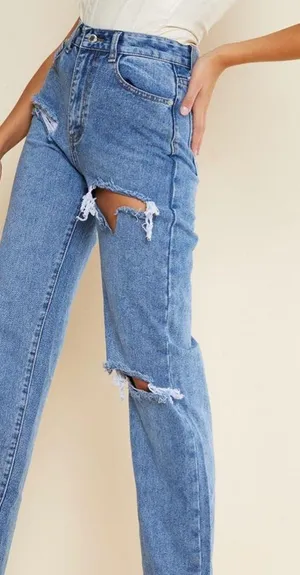 PrettyLittleThing Ripped High Waist Split Hem Jeans, Blue, Size 2 Tall, EUC thumbnail 4
